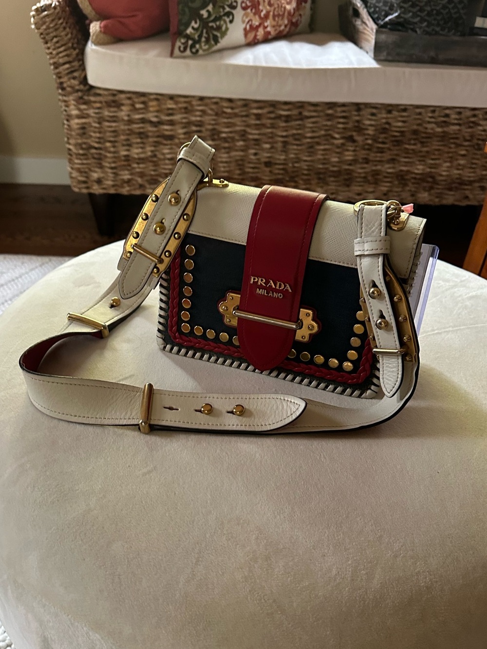 PRADA Cahier pony-style calfskin handbag Color Studded Leather Shoulder Bag -